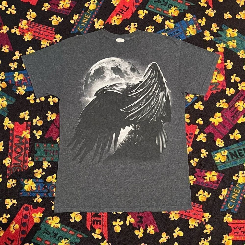Full Moon Eagle Monochrome Dark Grey Graphic Tee Shirt / Size M